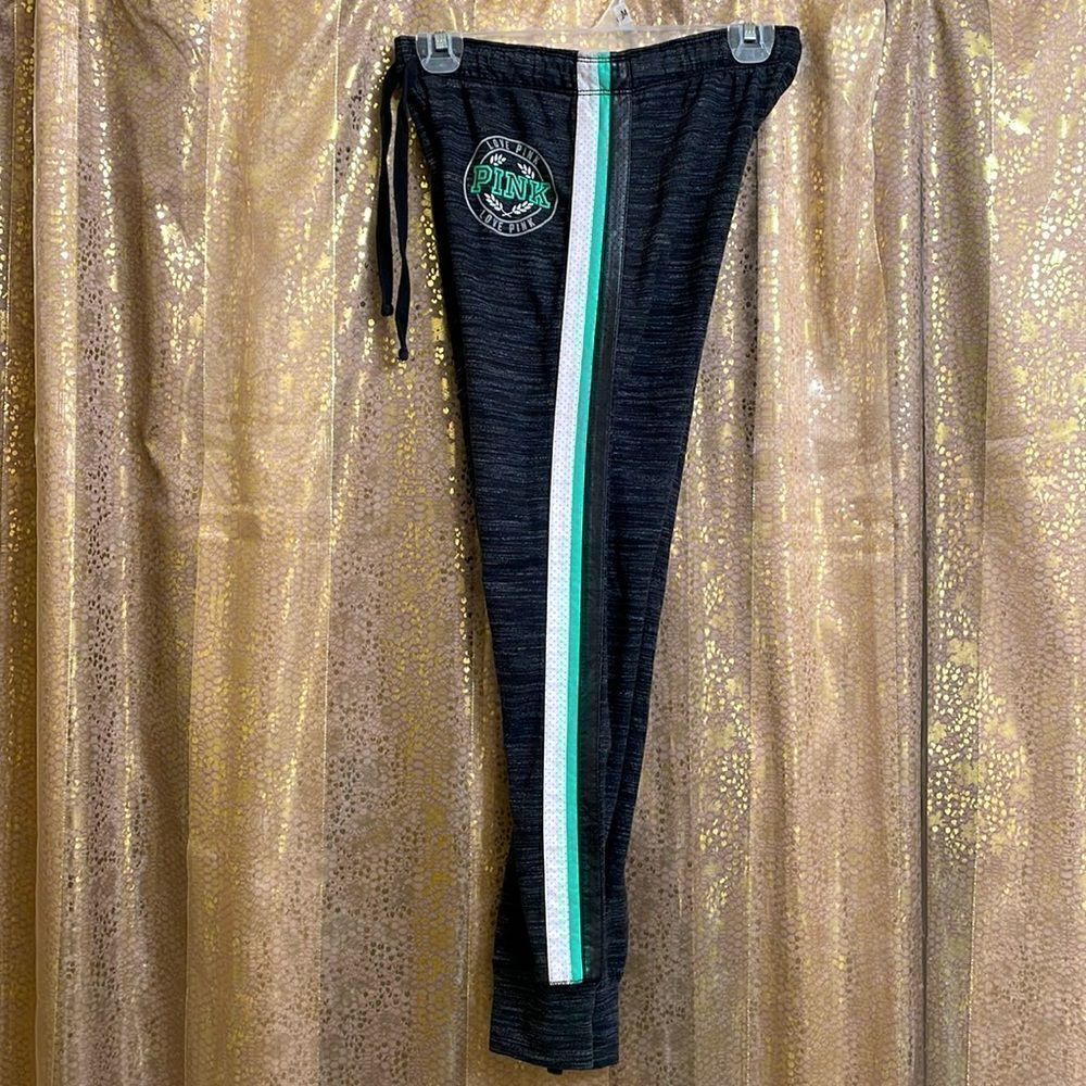 PINK Victorias Secret dark gray/green/white faux leather stripe joggers, XS